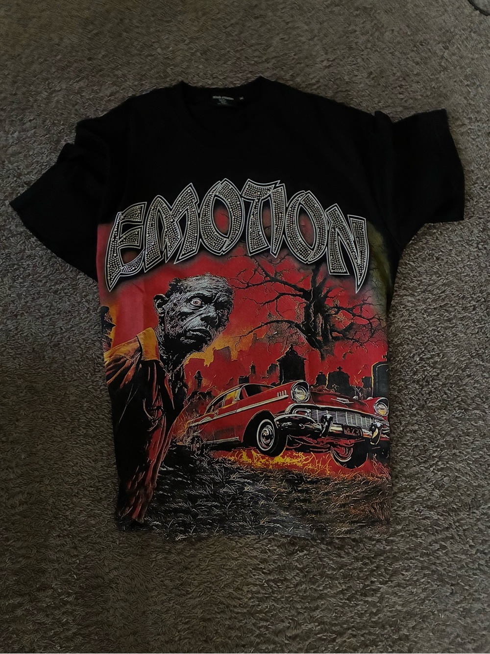 Black 'Emotion' Graphic Tee with Red Horror Scene